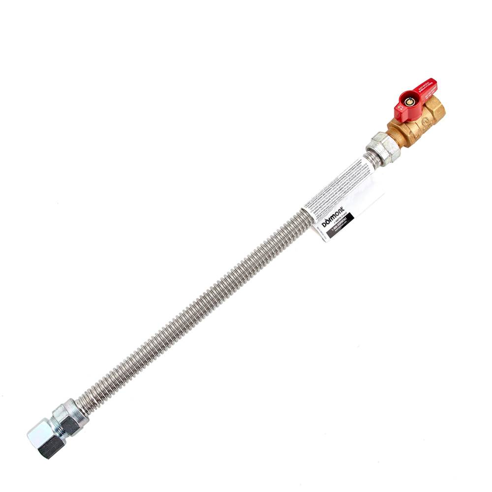 Dormont 5/8 IN OD, 1/2 IN ID, SS Gas Connector, 3/4 IN FIP x 3/4 IN FIP Ball Valve, 18 IN Length