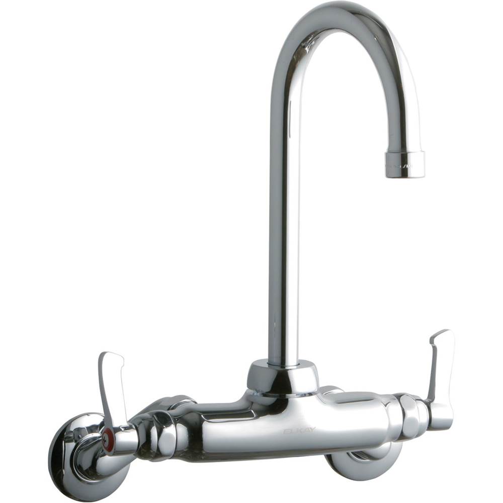 Elkay Foodservice 3-8'' Adjustable Centers Wall Mount Faucet w/5'' Gooseneck Spout 2in Lever Handles 2in Inlet Chrome