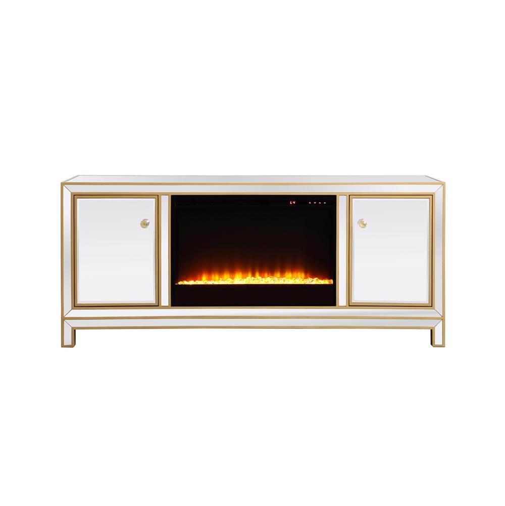 Elegant Lighting Reflexion Reflexion 60 In. Mirrored Tv Stand With Crystal Fireplace In Gold