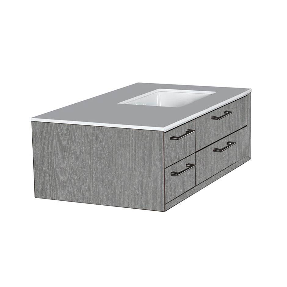 Lacava Cabinet of wall-mount under-counter vanity G313R which featuring three drawers and solid surface countertop with a cut-out for undermount sink