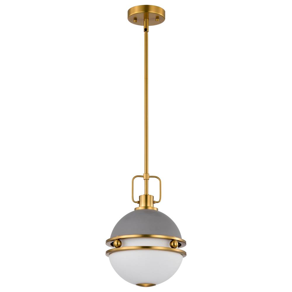 Nuvo Everton 1 Light Pendant; 10 Inches; Matte Gray and Brass Finish; Etched Opal Glass