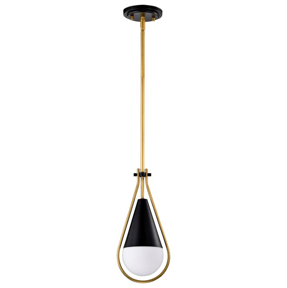 Nuvo Admiral 1 Light Pendant; 10 Inches; Matte Black and Natural Brass Finish; White Opal Glass