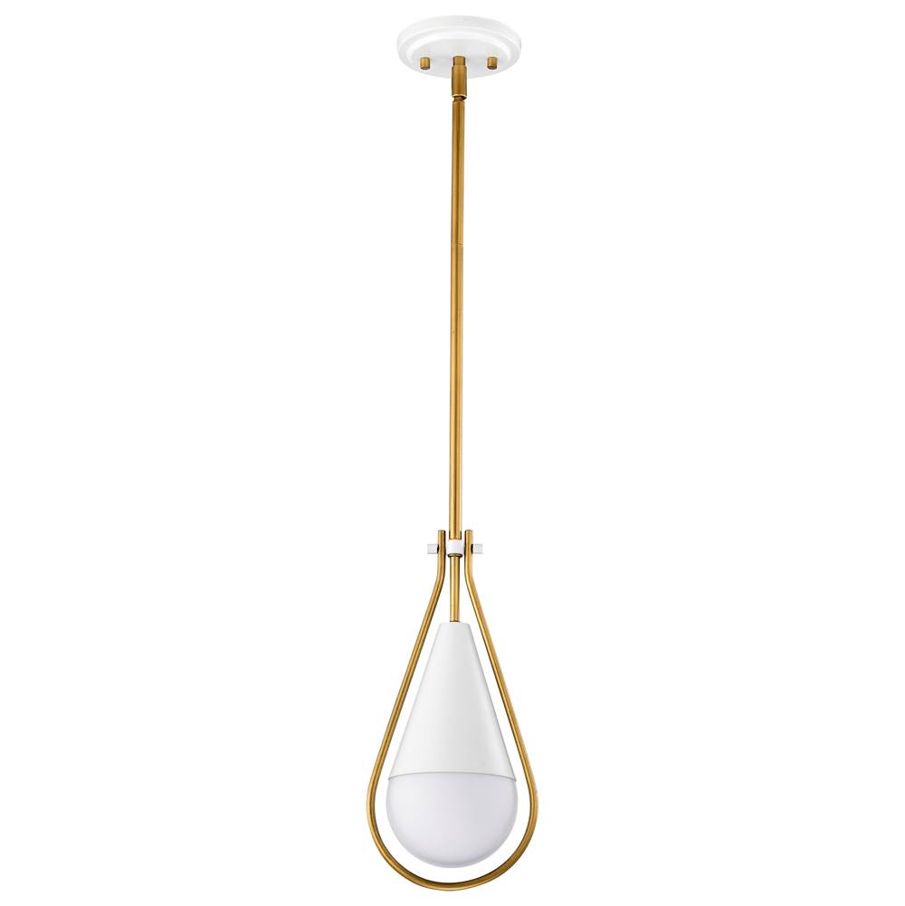 Nuvo Admiral 1 Light Pendant; 6 Inches; Matte White and Natural Brass Finish; White Opal Glass